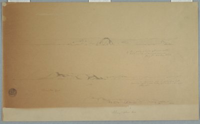 Tegning, Landskab nær Fogo Island, Brimstone, Head, Change Island Rocks, 2. juli 1869 af Frederic Edwin Church