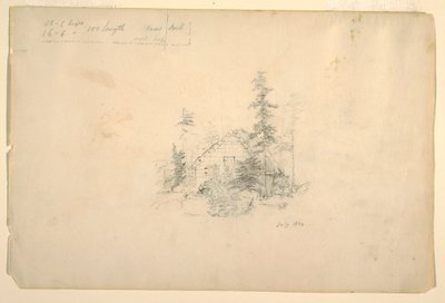 Tegning, bjælkehytte omgivet af træer, juli 1844 af Frederic Edwin Church