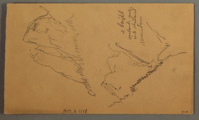 Tegning, mand i båd, Rocky Peak over Pines, muligvis 1868 af Frederic Edwin Church