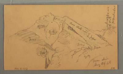 Tegning, middelalderborg, huskaskade, 24. august 1868 af Frederic Edwin Church