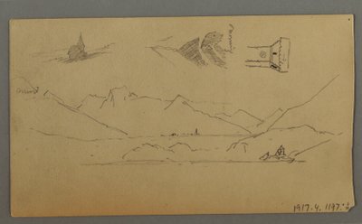 Tegning, middelalderborg, to tårne, figurstudier, nær Thun, muligvis 1868 af Frederic Edwin Church