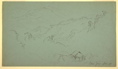 Tegning, bjerglandskab, hus, "nær Jorje", Ecuador, juni 1857 af Frederic Edwin Church