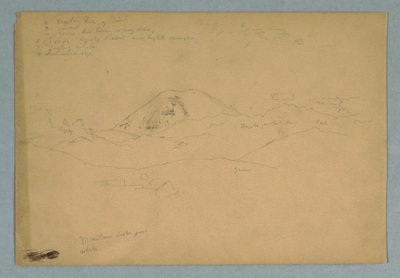 Tegning, bjergtop, muligvis Chimborazo, der rejser sig over tre på hinanden følgende bjergkæder, Ecuador, 1857 af Frederic Edwin Church