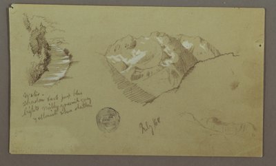 Tegning, bjergtoppe, flod, juli 1868 af Frederic Edwin Church