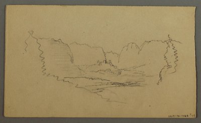 Tegning, bjergtoppe, helligdom i vejkanten, august 1868 af Frederic Edwin Church