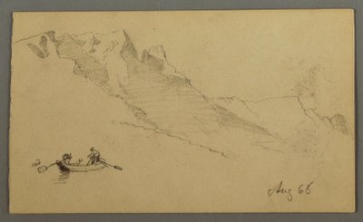 Tegning, Bjergtoppe, to figurer i en robåd, august 1868 af Frederic Edwin Church