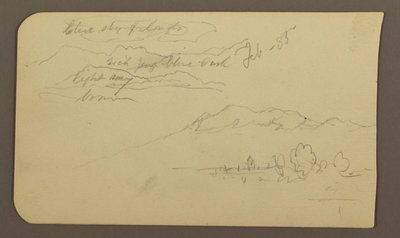 Tegning, bjergkæder, Cuautla, kirke; bagside: Crouching Horse, landskabsnotater, februar 1885 af Frederic Edwin Church