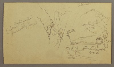 Tegning, bjergdal, bro, bygninger, muligvis 1868-69 af Frederic Edwin Church