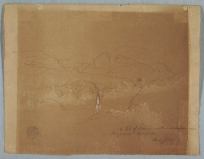 Tegning, bjerglandskab med vandfald, nær Tuquerres, Colombia, august 1853 af Frederic Edwin Church