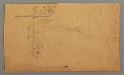 Tegning, Bjerge rejser sig over søen, juli, muligvis 1868 af Frederic Edwin Church