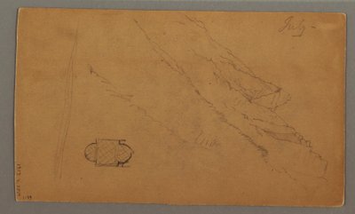 Tegning, Bjerge rejser sig over søen, juli, muligvis 1868 af Frederic Edwin Church