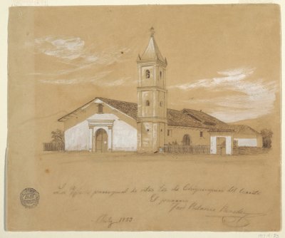 Tegning, sognekirken Vor Frue af Chiquinquira del Cerrito, Chiquinquira, Colombia, juli 1853 af Frederic Edwin Church