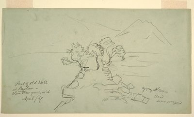 Tegning, del af gammel mur ved Paestum, oliventræer vokser på den, april 1869 af Frederic Edwin Church