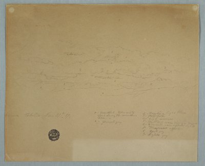 Tegning, regn, der falder fra en overskyet himmel over bjergkamme, Hacienda Chillo, Ecuador, 27. juli 1857 af Frederic Edwin Church