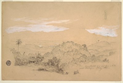 Tegning, Erindringer om en udsigt fra en bakke nær Cartago, Colombia med en kvinde, der bærer en vandkrukke på hovedet, juli 1853 af Frederic Edwin Church