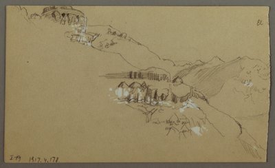 Tegning, højre del af en skitse af El Yemen-dalen, Arabien: Udsigt på afstand, 20. februar 1868 af Frederic Edwin Church