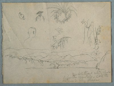 Tegning, flodbred med bjerge og skyer, tre botaniske skitser og bustestudier af mænd med hatte, 1853 af Frederic Edwin Church