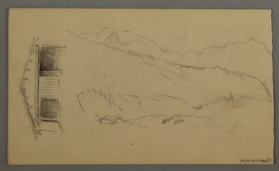 Tegning, hustage, port, bjergtoppe, august 1868 af Frederic Edwin Church