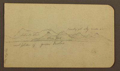 Tegning, Forrevne bjerge på tværs af en slette; bagside: Figurer, landskab, 12. december 1884 af Frederic Edwin Church