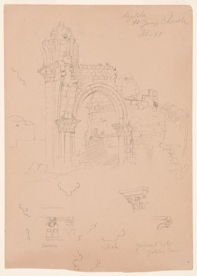 Tegning, ruinerne af Sankt Georgs Kirke, Lydda [i dag Lod], 7. februar 1868 af Frederic Edwin Church