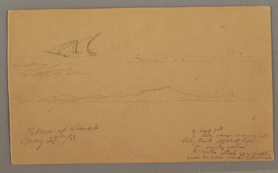 Tegning, sejlskib, bjergkyst, øer, 29. maj 1868 af Frederic Edwin Church