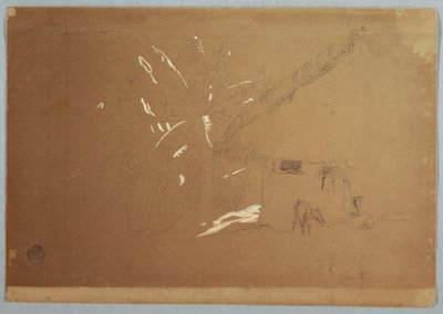 Tegning, siddende kvinde og græssende æsel foran et hus nær Jorje, Ecuador, 23. juni 1857 af Frederic Edwin Church