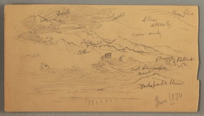 Tegning, skarpe bjergtoppe, overskyet himmel, juni 1874 af Frederic Edwin Church