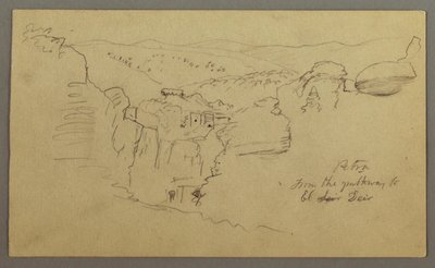 Tegning, skitse. Udsigt over Khirbet en Wasara "Petra / fra vejen til / El Deir", muligvis 1868, 26. februar. af Frederic Edwin Church