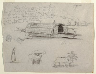 Tegning, Skitser fra Colombia - Flodfartøj (Champan), en kvinde, en gruppe træer, et hus af Frederic Edwin Church