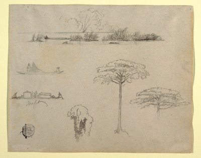 Tegning, Skitser fra Colombia: Flodlandskab, mænd på flåder og træer, 1853 af Frederic Edwin Church
