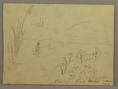 Tegning, Skitser fra Italien: Bygning med tårn, bjerg og menneske, 29. april 1869 af Frederic Edwin Church