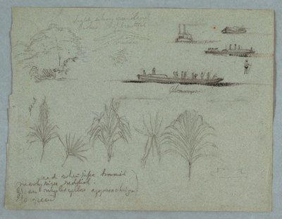 Tegning, Skitser fra Rio Magdalena, Colombia:  Planter, dampskib og en champan, 1853, sandsynligvis maj af Frederic Edwin Church