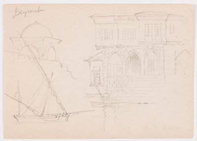 Tegning, Skitser af en kuppelbygning, et skib og et herskabshus, januar 1868 af Frederic Edwin Church
