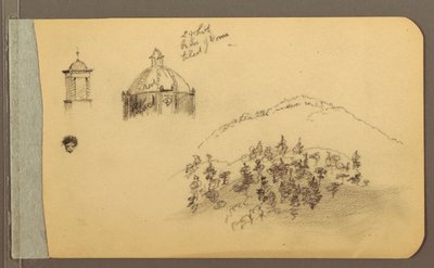 Tegning, tårn, kuppel, hoved, bakker, 1889 af Frederic Edwin Church