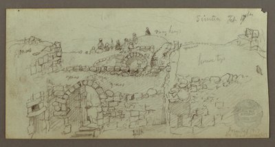 Tegning, stenbygning, mænd samlet på taget, 17. februar, muligvis 1868 af Frederic Edwin Church