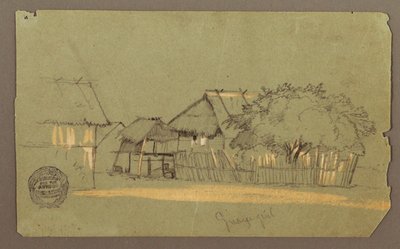 Tegning, gade med huse, Guayaquil, Ecuador, maj 1857 af Frederic Edwin Church