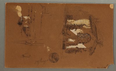 Tegning, Studier af hytte, mand med pibe, ænder, 1868 af Frederic Edwin Church