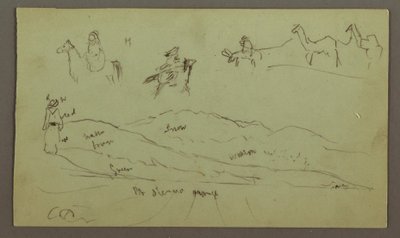 Tegning, Studier af figurer på æsler og æsler, figur på bjergkæde, muligvis 1868 af Frederic Edwin Church