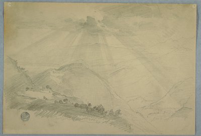 Tegning, solen bryder gennem skyerne over en bjergdal, Jamaica, juli 1865 af Frederic Edwin Church