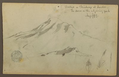 Tegning, Solopgang på Chimborazo-bjerget og tre detaljer af græs, september 1853 af Frederic Edwin Church
