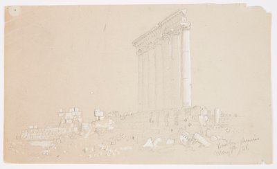Tegning, Jupiter-templet ved solopgang, Baalbek, 7. maj 1868 af Frederic Edwin Church