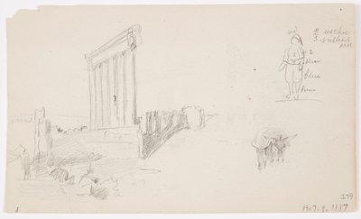 Tegning, Jupiter-templet ved solopgang, Baalbek, 7. maj 1868 af Frederic Edwin Church