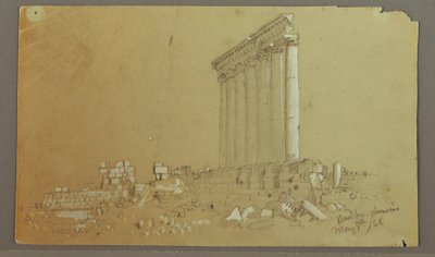Tegning, Jupiter-templet ved solopgang, Baalbek, 7. maj 1868 af Frederic Edwin Church