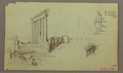 Tegning, Jupiter-templet ved solopgang, Baalbek, 7. maj 1868 af Frederic Edwin Church