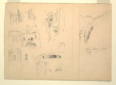 Tegning, Ti studier af grave og en udsigt over klipper, Petra, Jordan, 26. februar 1868 af Frederic Edwin Church