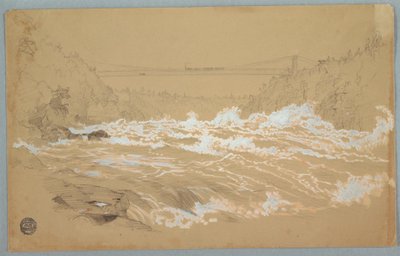 Tegning, The Gorge, Niagara, kigger mod hængebroen, ca. 1856-58 af Frederic Edwin Church