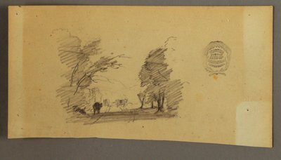 Tegning, Tre køer på en vej i skoven, ca. 1845 af Frederic Edwin Church