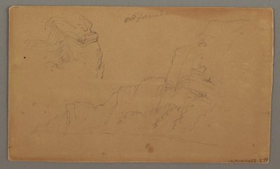 Tegning, træhus, to sejlbåde, tagstudier, muligvis 1868 af Frederic Edwin Church