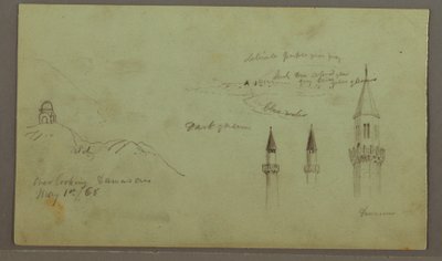Tegning, Grav på en bakke, tre minareter, 1. maj 1868 af Frederic Edwin Church