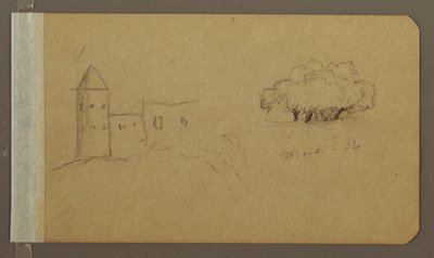 Tegning, tårn, træer, marts 1862 af Frederic Edwin Church